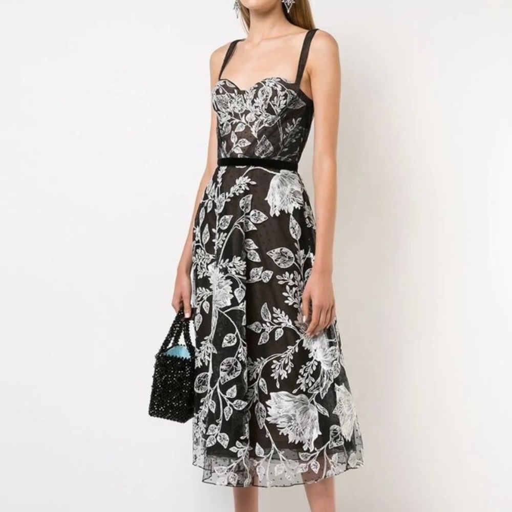 NWT Marchesa Notte Designed black hand embroidered sweetheart fit & flare dress